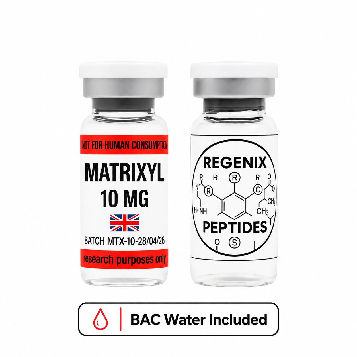 Matrixyl 10 mg 1 Matrixyl 10 mg (Palmitoyl Pentapeptide-4) research peptide vial with bacteriostatic water