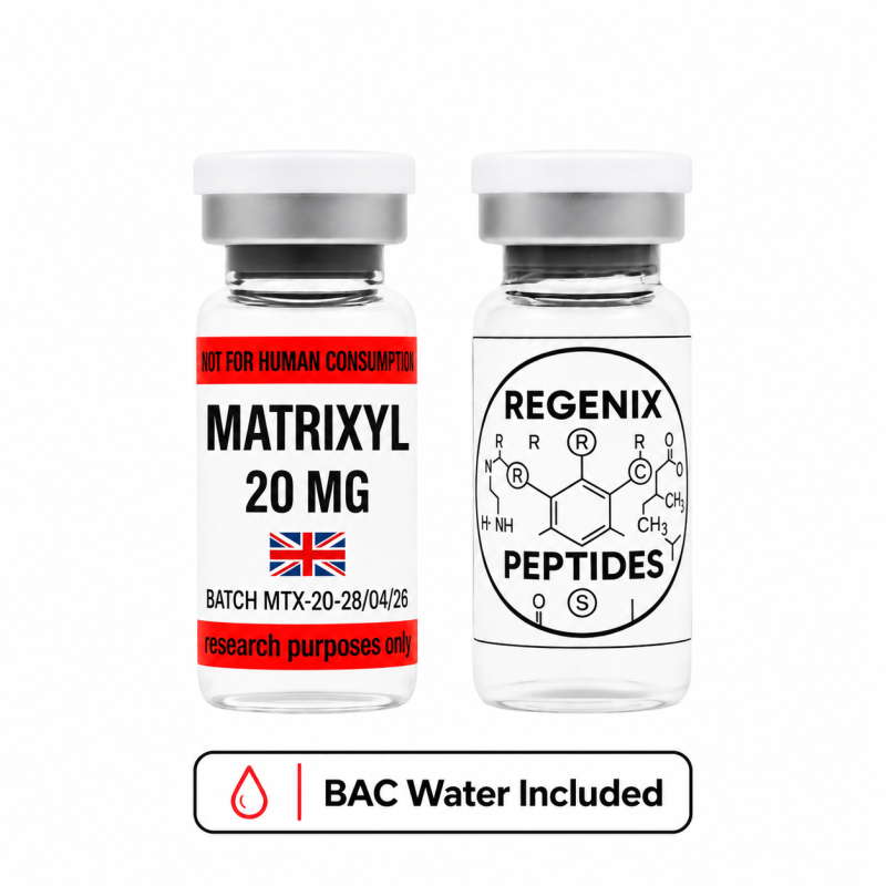 Matrixyl 20 mg (Palmitoyl Pentapeptide-4) research peptide vial with bacteriostatic water